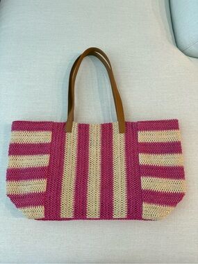 Anthropologie Shiraleah Pink and Natural Striped Woven Tote with Brown Handles